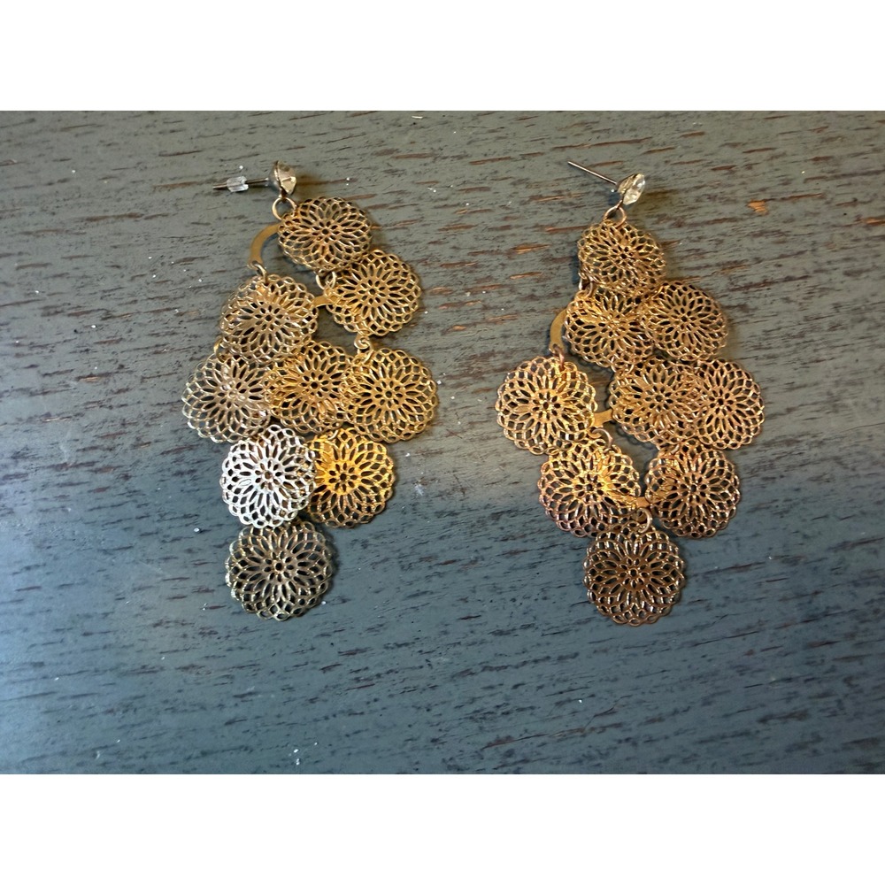 Gold Tone Filigree Chandelier Earrings Floral Medallion Statement Boho Drop